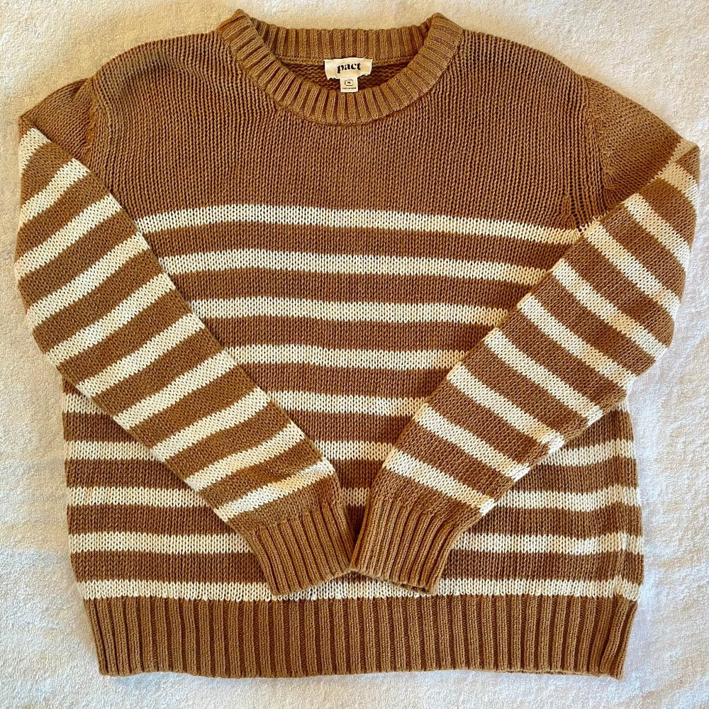 PACT Camel Laguna Pact Camel Laguna Stripe Open-knit Crew Sweater, size M